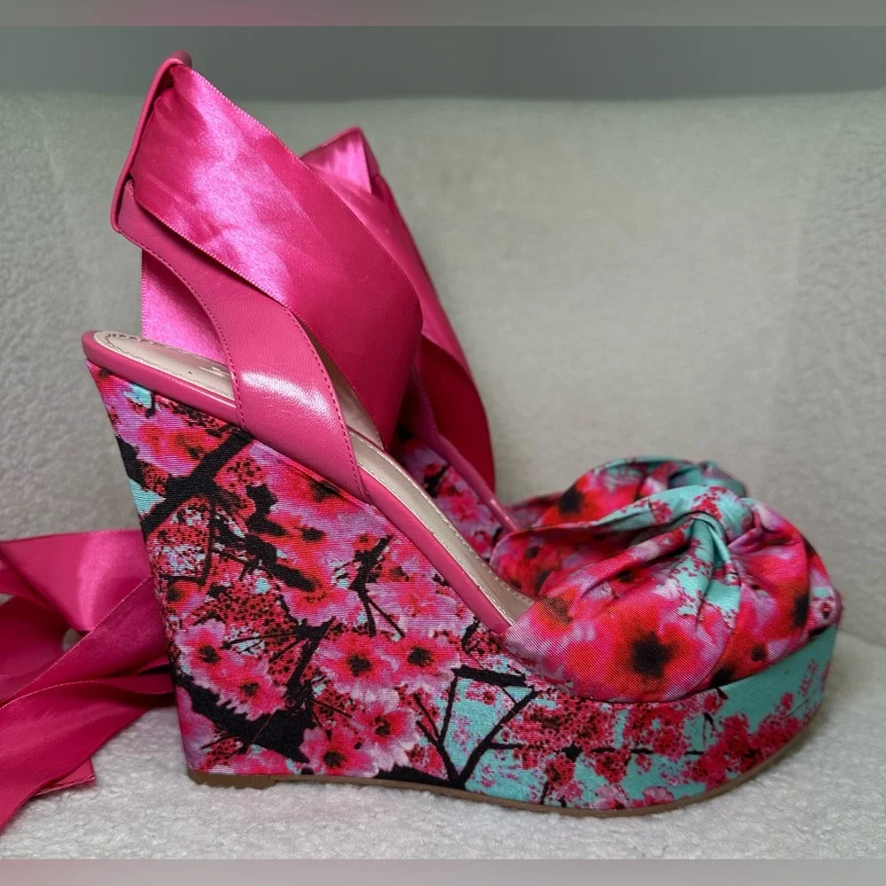 Kirna Zabete wedge platform pink floral flowers ballerina satin leg wrap tie bow